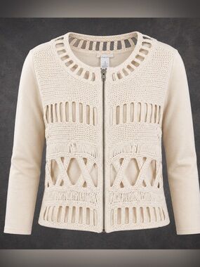 Chico’s Size 3 | Cream Crochet Zip Front Sweater Jacket
